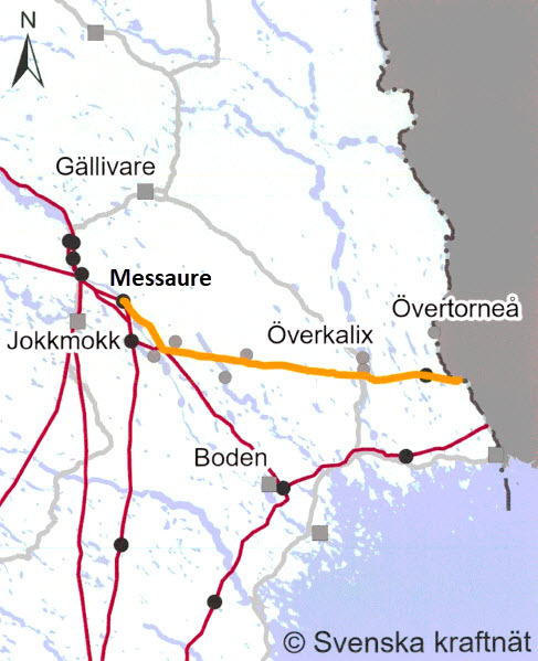 Karta som visar med gul markering sträckan av kraftledningen från Messaure till finska gränsen