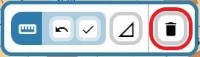 Fem ikoner för mätning varav den femte är inringad och visar symbolen för verktyget att radera alla ritade sträckor och areor, en papperskorg