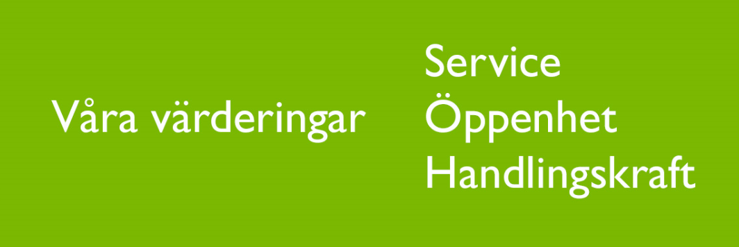 Lantmäteriets värderingar i text på en grön bakgrund. Våra värderingar: Service, öppenhet och handlingskraft